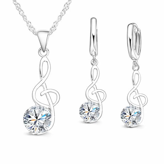 Conjunto Harmonia Lumière em prata 925 com colar e brincos femininos, design clave de sol com zircônia cúbica, joias elegantes para mulheres
