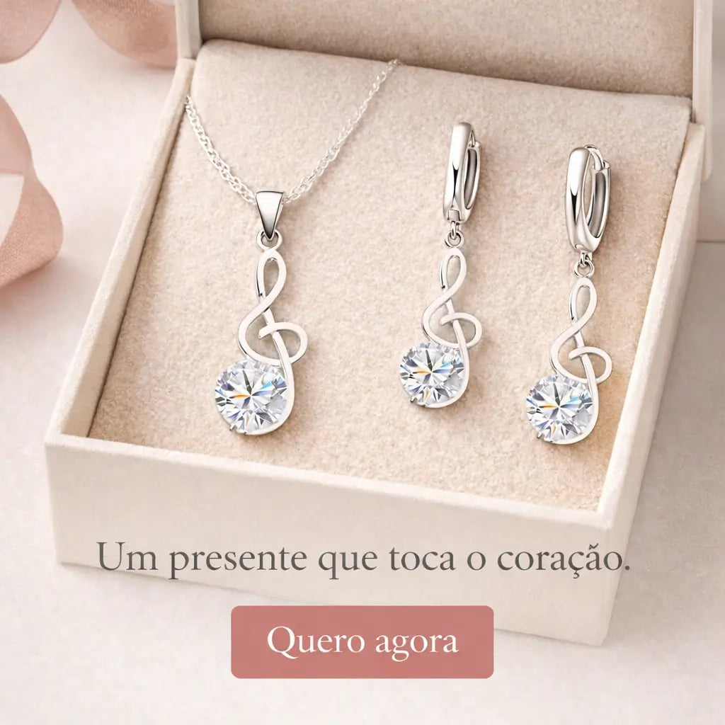 Conjunto Harmonia Lumière em prata 925 apresentado como presente feminino elegante com colar e brincos de zircônia