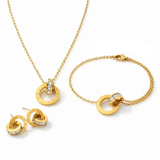 Conjunto de joias femininas douradas em aço inoxidável 18K com colar, pulseira e brincos de design infinito em acabamento premium