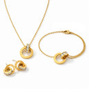 Conjunto de joias femininas douradas em aço inoxidável 18K com colar, pulseira e brincos de design infinito em acabamento premium