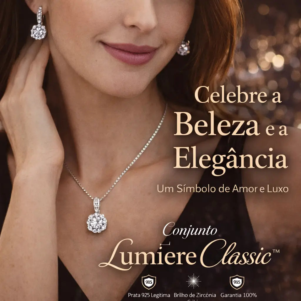 Mulher usando colar e brincos do Conjunto Lumière Classic em prata 925 com zircônia cúbica, joias femininas elegantes com brilho sofisticado em uso real