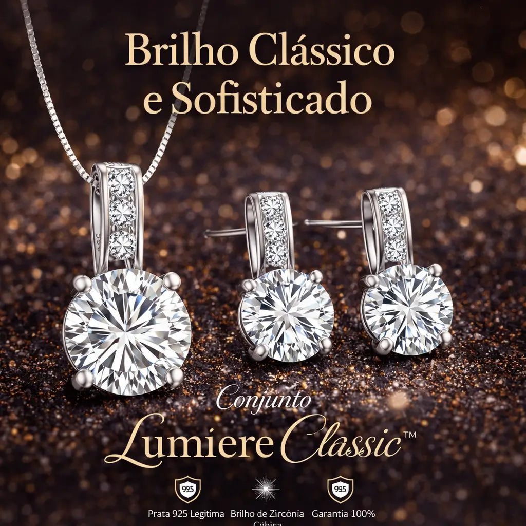 Conjunto Lumière Classic em prata 925 com colar e brincos femininos de zircônia cúbica, joias elegantes com brilho clássico e acabamento sofisticado