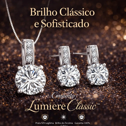 Conjunto Lumière Classic em prata 925 com colar e brincos femininos de zircônia cúbica, joias elegantes com brilho clássico e acabamento sofisticado