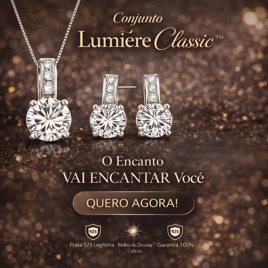 Conjunto Lumière Classic em prata 925 com colar e brincos femininos em zircônia cúbica, joia elegante com brilho intenso e acabamento premium