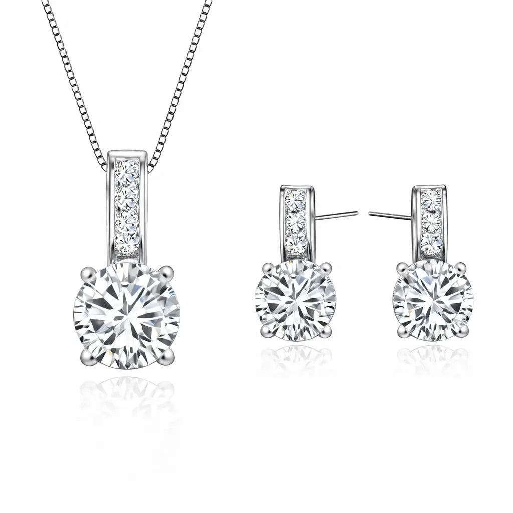Conjunto Lumière Classic em Prata 925 com colar e brincos femininos em zircônia cúbica de alto brilho, joias elegantes e sofisticadas