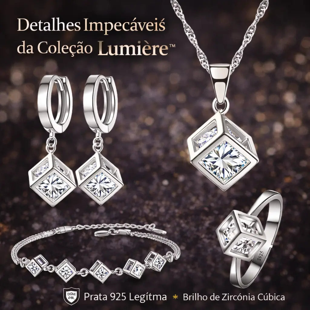 Detalhes do Conjunto Lumière Square™ em prata 925 com zircônia cúbica, colar, brincos, pulseira e anel com design geométrico sofisticado