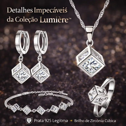 Detalhes do Conjunto Lumière Square™ em prata 925 com zircônia cúbica, colar, brincos, pulseira e anel com design geométrico sofisticado