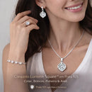 Conjunto Lumière Square feminino em prata 925 com zircônia cúbica, colar, brincos, pulseira e anel de design geométrico elegante.