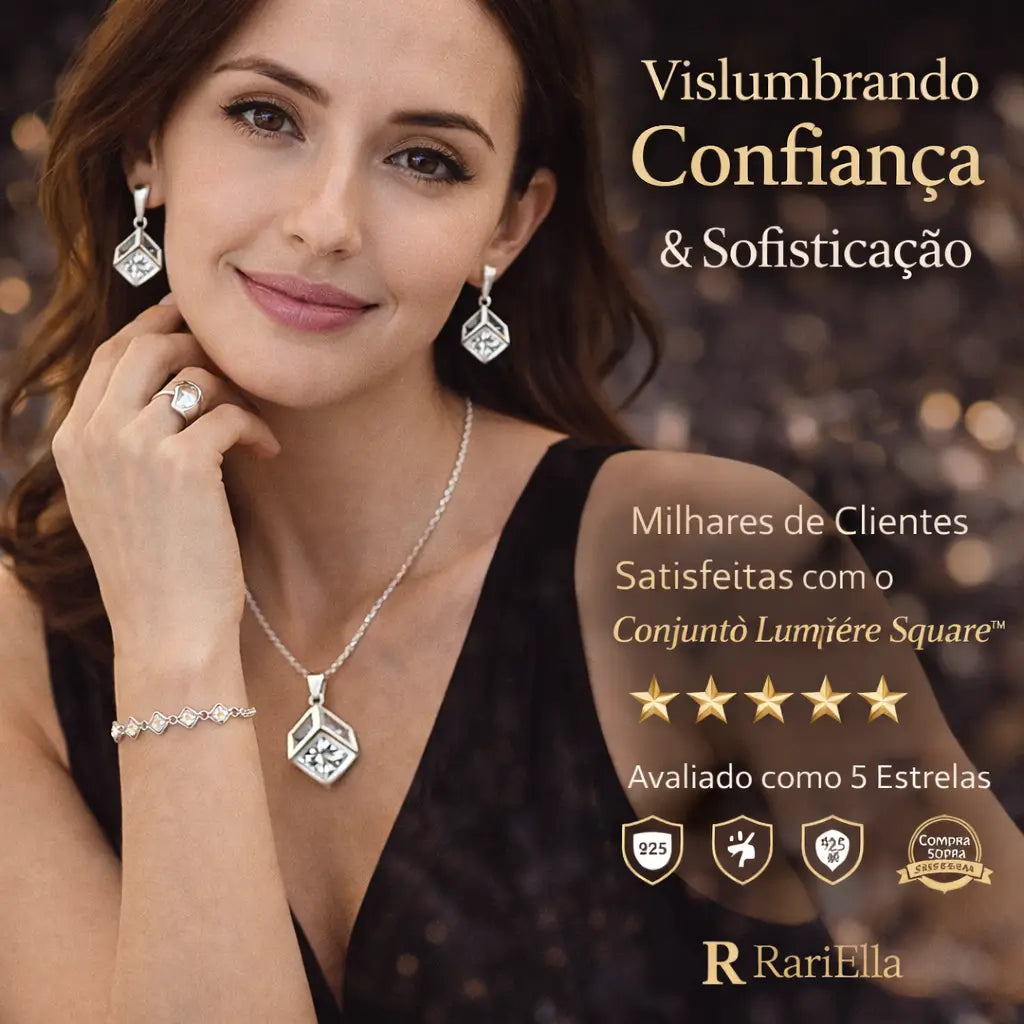 Detalhes do Conjunto Lumière Square™ em prata 925 com zircônia cúbica, colar, brincos, pulseira e anel com design geométrico sofisticado