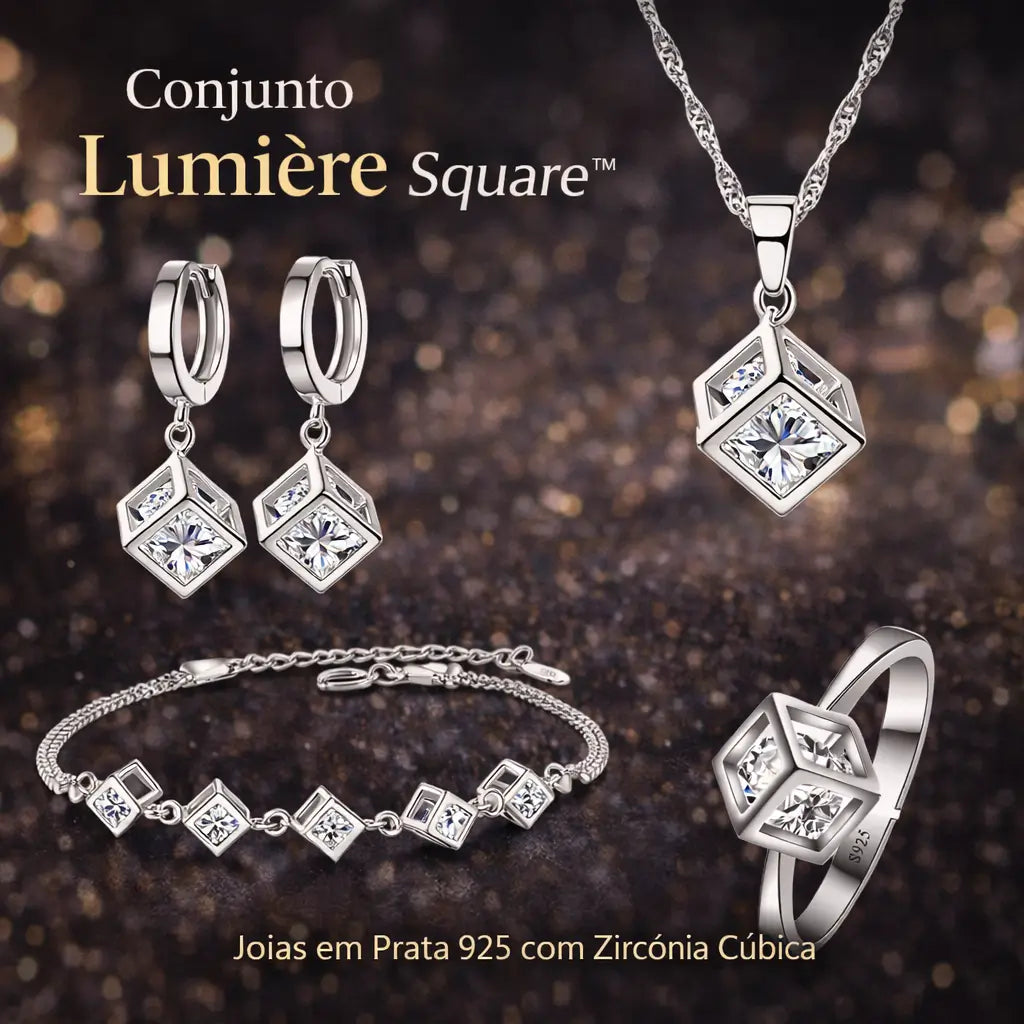 Modelo usando o Conjunto Lumière Square™ em prata 925 com zircônia cúbica, colar, brincos, pulseira e anel, joias femininas elegantes com avaliação cinco estrelas