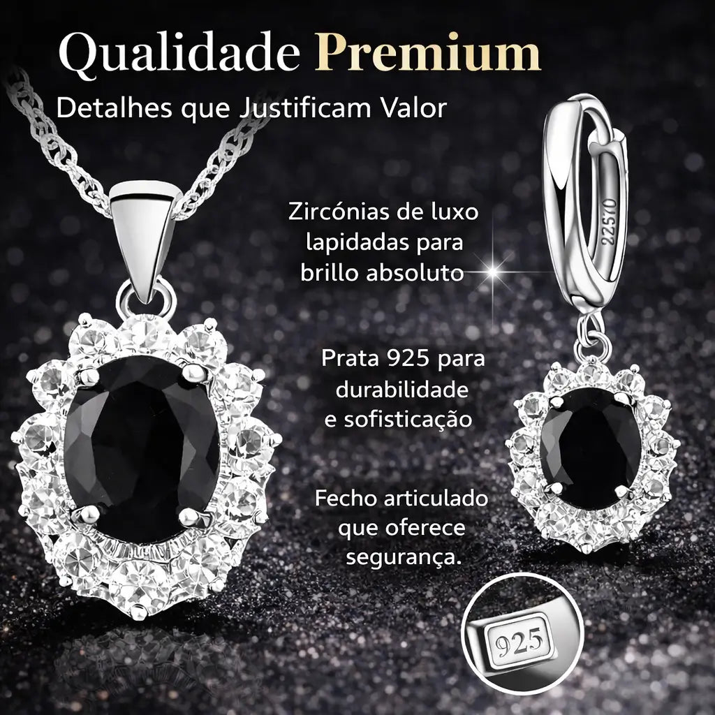 Conjunto Noir Élégance em Prata 925 com colar e brinco de zircônia preta, joia feminina sofisticada com acabamento premium e brilho intenso, ideal para ocasiões especiais.