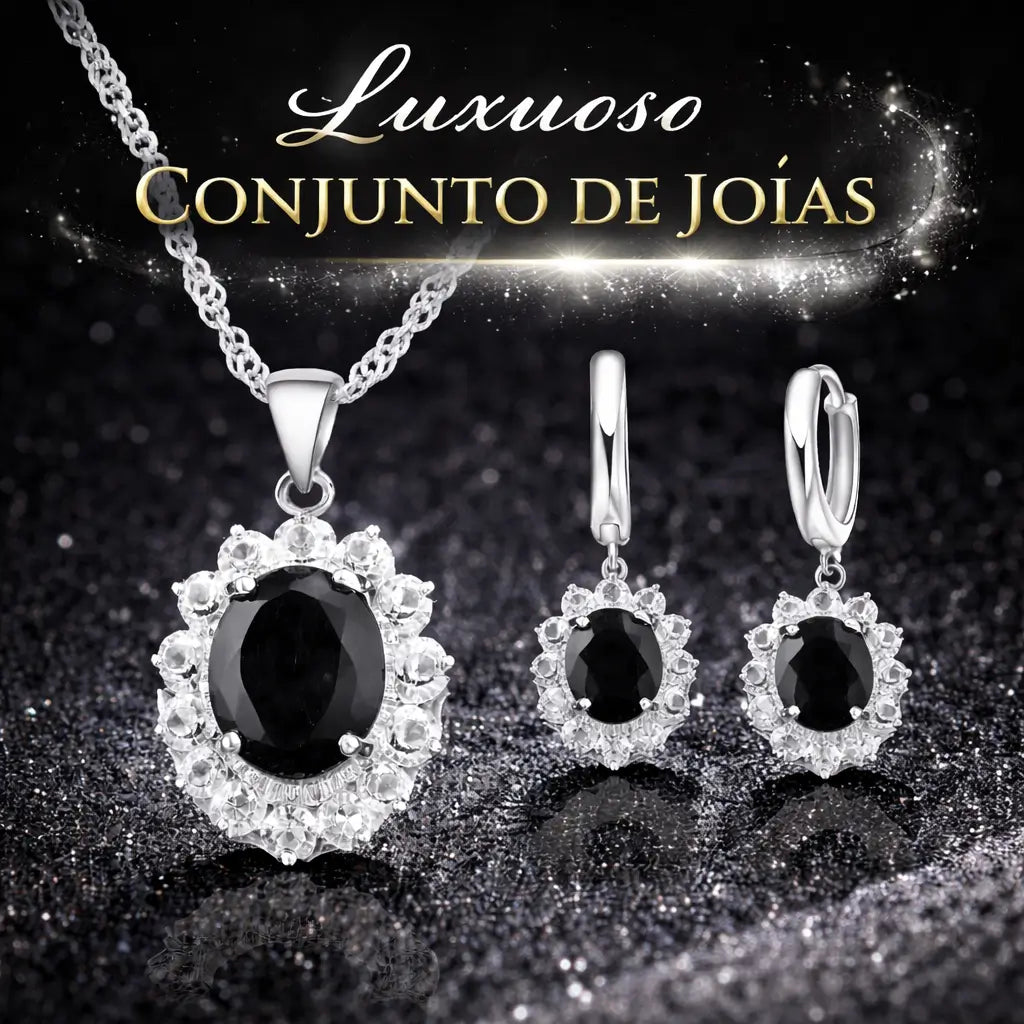 Mulher usando conjunto Noir Élégance em prata 925 com colar e brincos de pedra preta, joia elegante para ocasiões especiais.