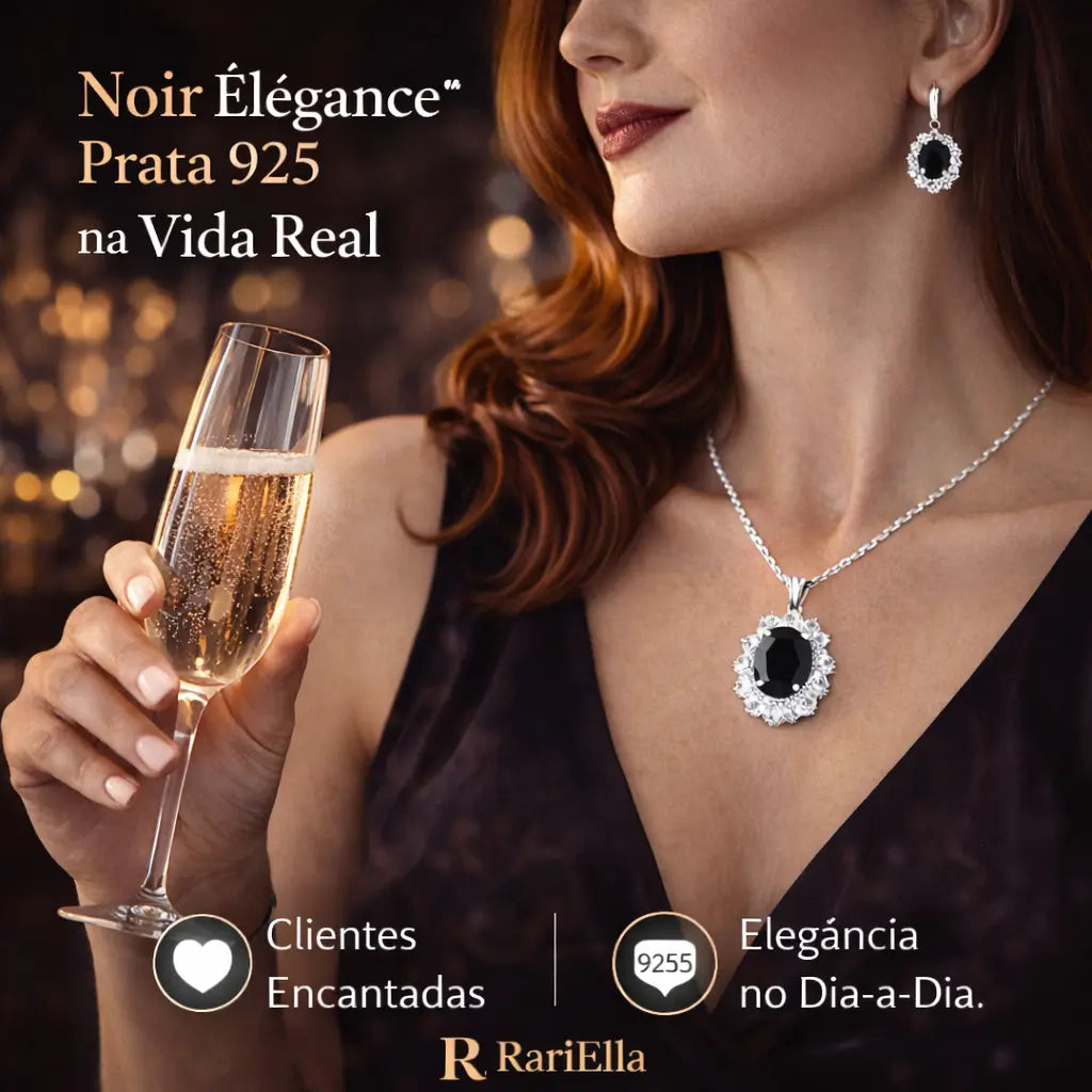 Mulher usando o Conjunto Noir Élégance em prata 925 com colar e brincos de pedra preta, em ambiente elegante com taça de espumante, representando sofisticação no dia a dia.