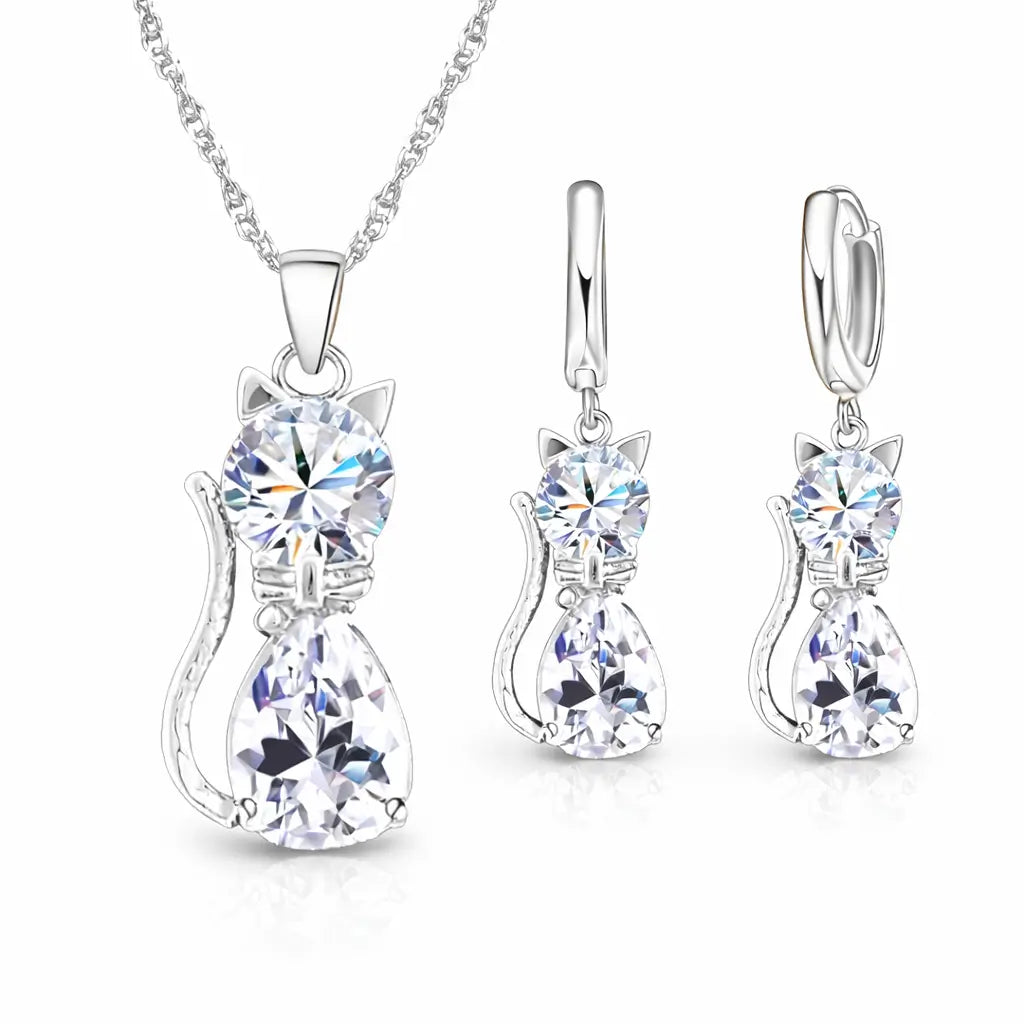Conjunto Prateado Lumière™ com colar e brincos em prata 925, design delicado de gato com zircônia brilhante