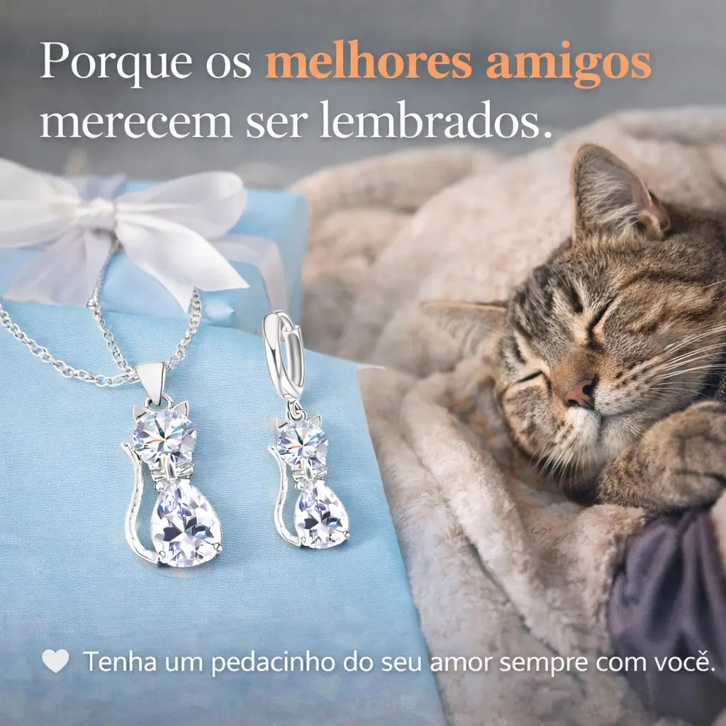Conjunto Prateado Lumière™ em prata 925 com colar e brincos de gato, joia delicada para amantes de pets e presentes com significado