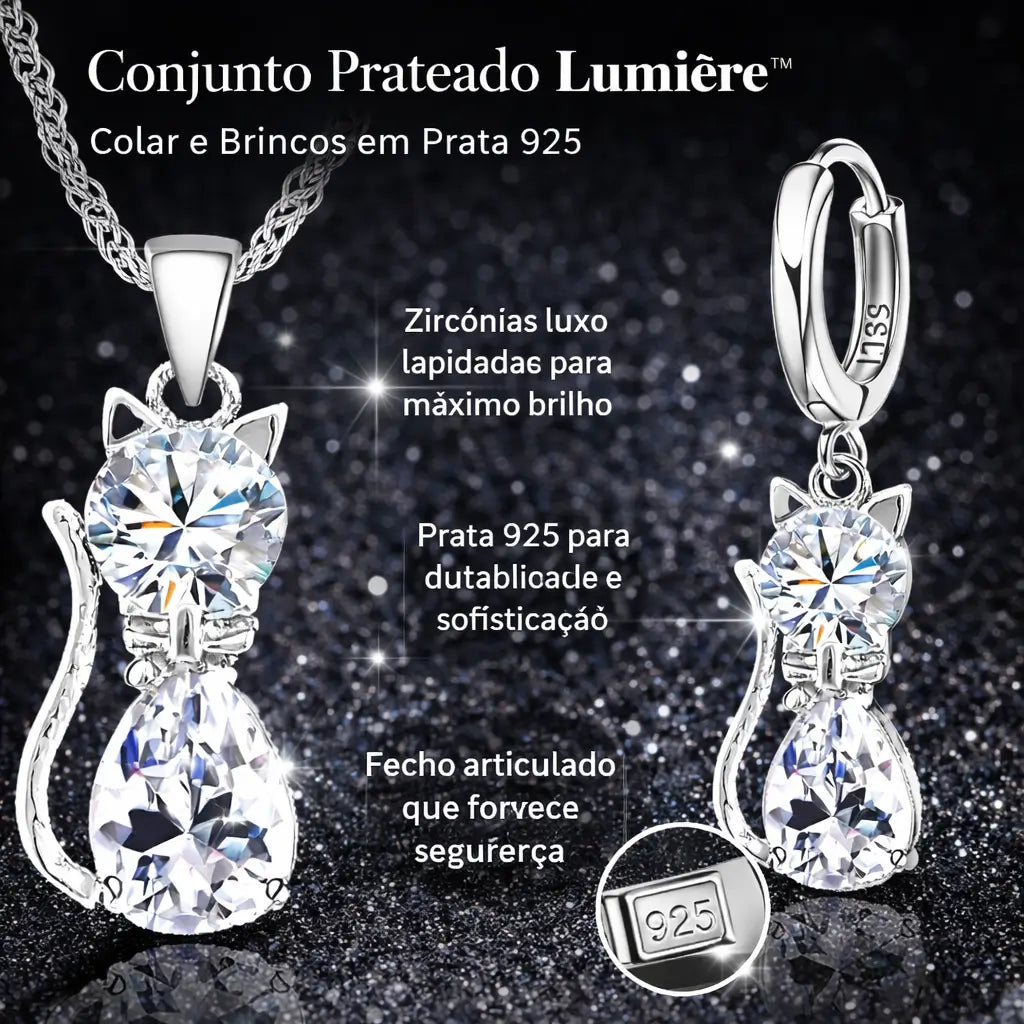 Conjunto Prateado Lumière™ em prata 925 com colar e brincos de zircônia lapidada, destacando brilho intenso, fecho articulado seguro e acabamento sofisticado