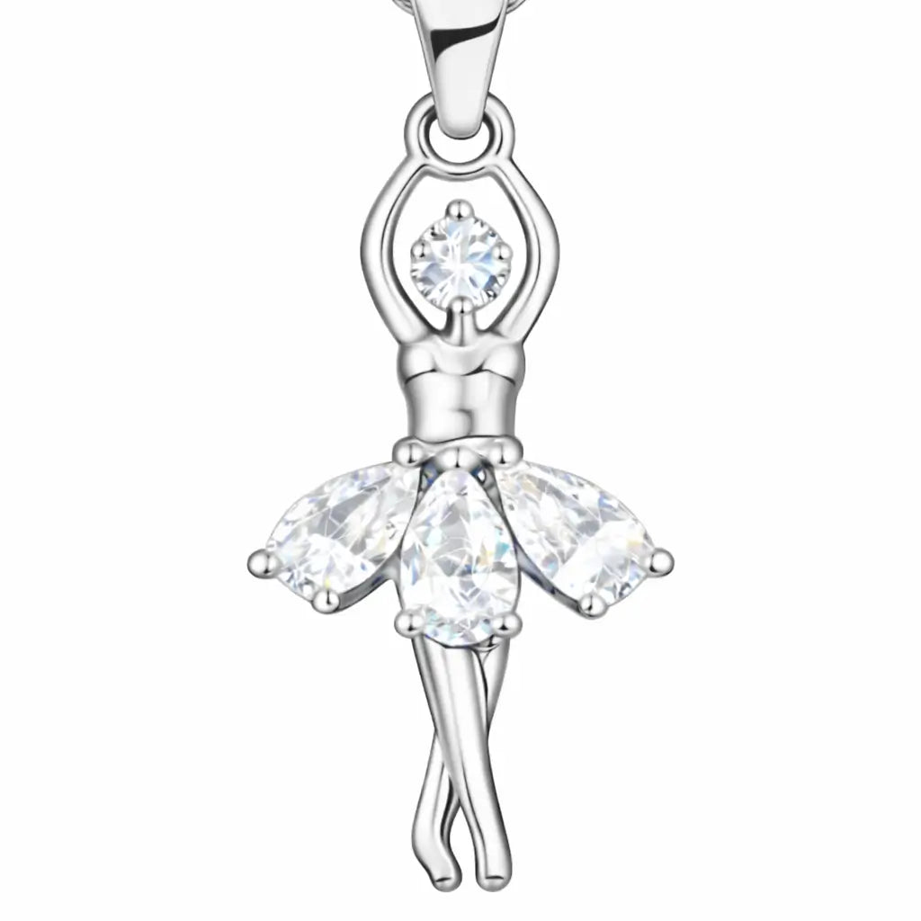 Detalhe do pingente bailarina do Conjunto Ballet Lumière em Prata 925 com zircônia cúbica, acabamento delicado e brilho sofisticado.