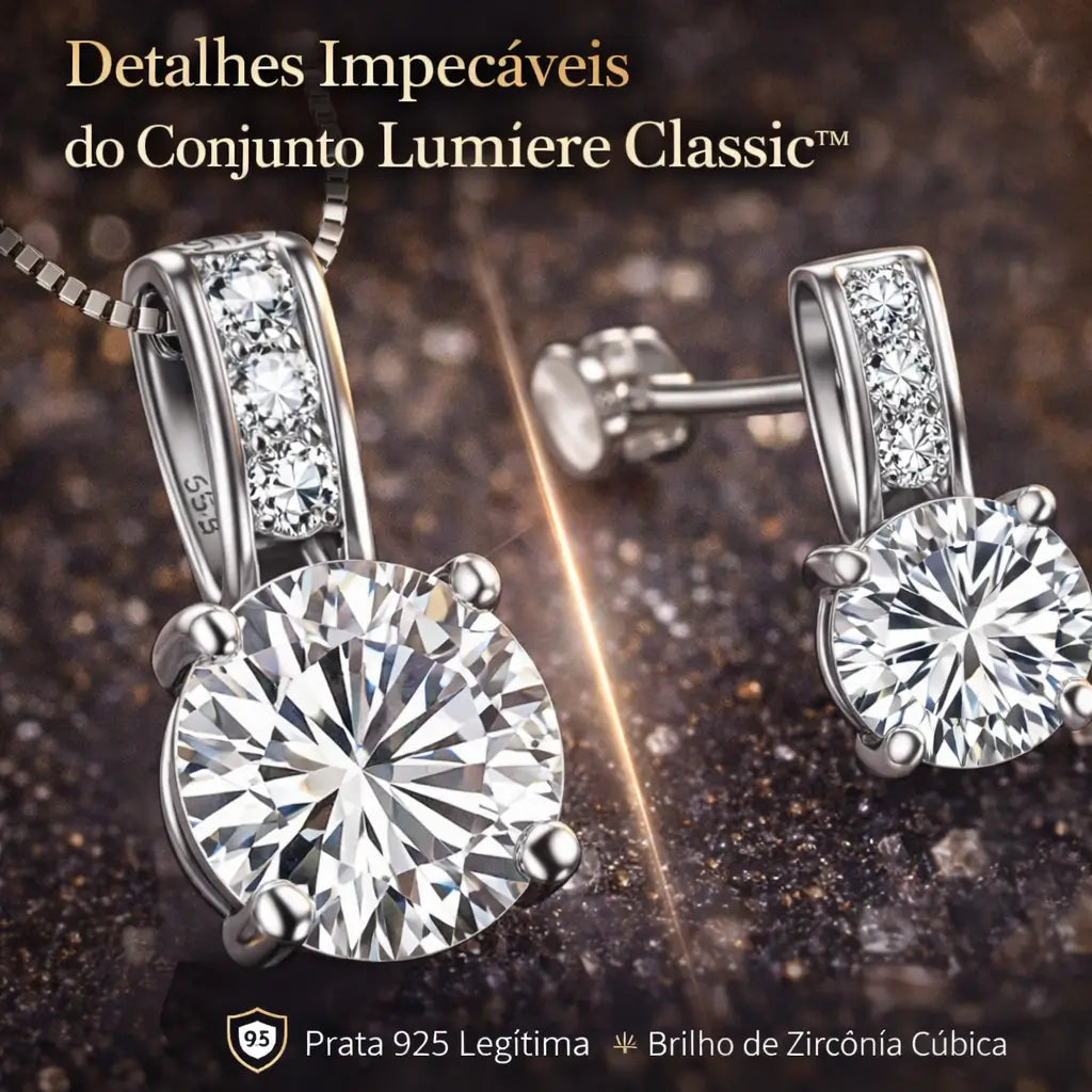 Detalhe em close do Conjunto Lumière Classic em Prata 925 com colar e brinco feminino em zircônia cúbica, acabamento refinado e brilho intenso