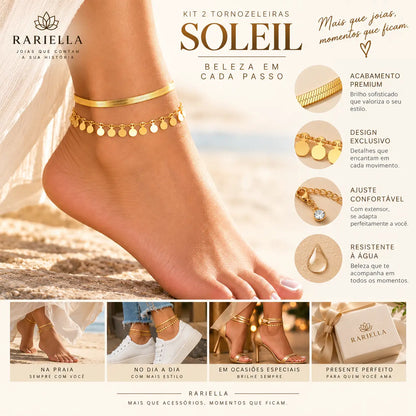 Kit 2 Tornozeleiras Douradas Soleil com detalhes do design e sugestões de uso