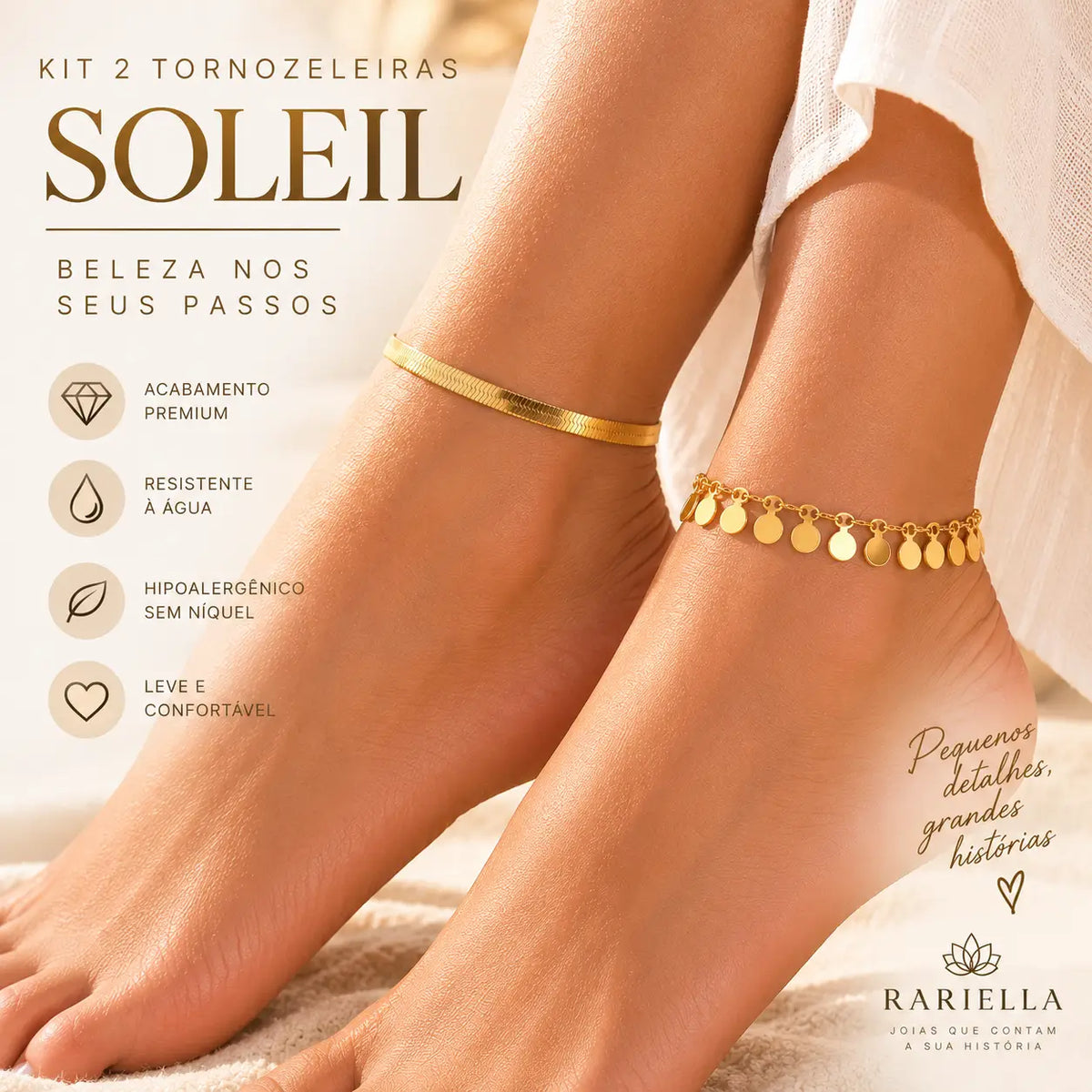 Mulher usando Kit 2 Tornozeleiras Douradas Soleil com discos no tornozelo