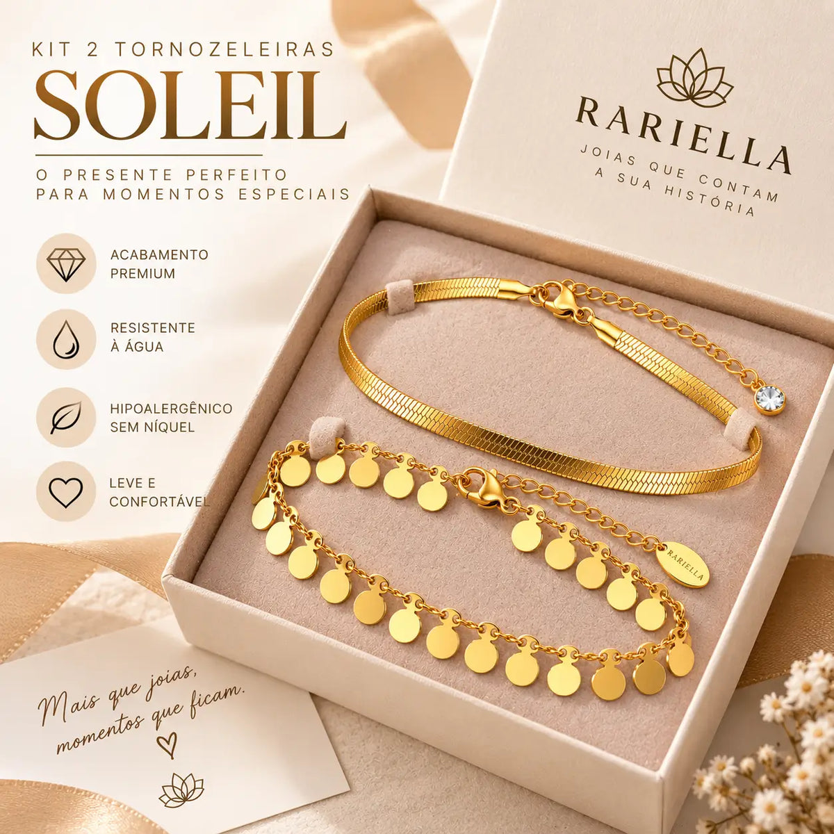 Kit 2 Tornozeleiras Douradas Soleil apresentado em caixa de presente feminina
