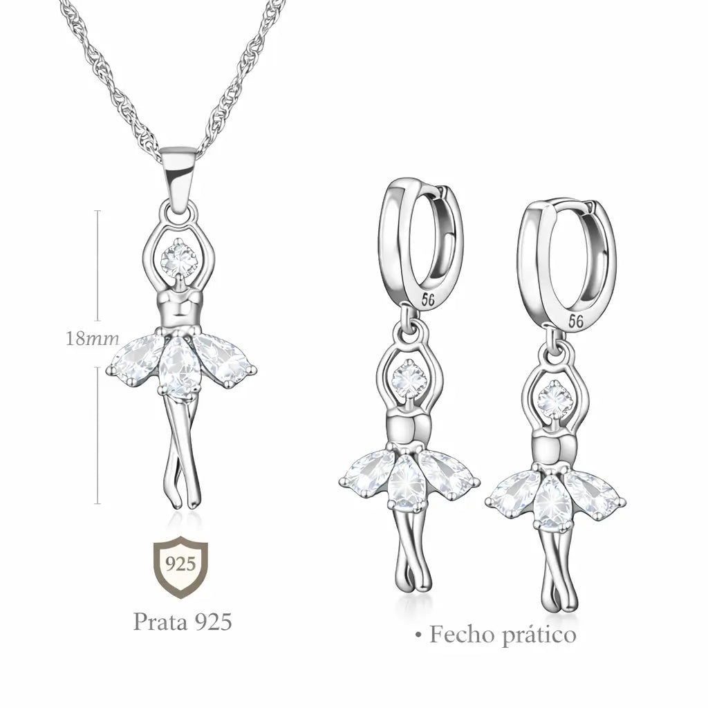Medidas do Conjunto Ballet Lumière em Prata 925 com zircônia cúbica, mostrando tamanho do pingente e brincos com fecho prático.