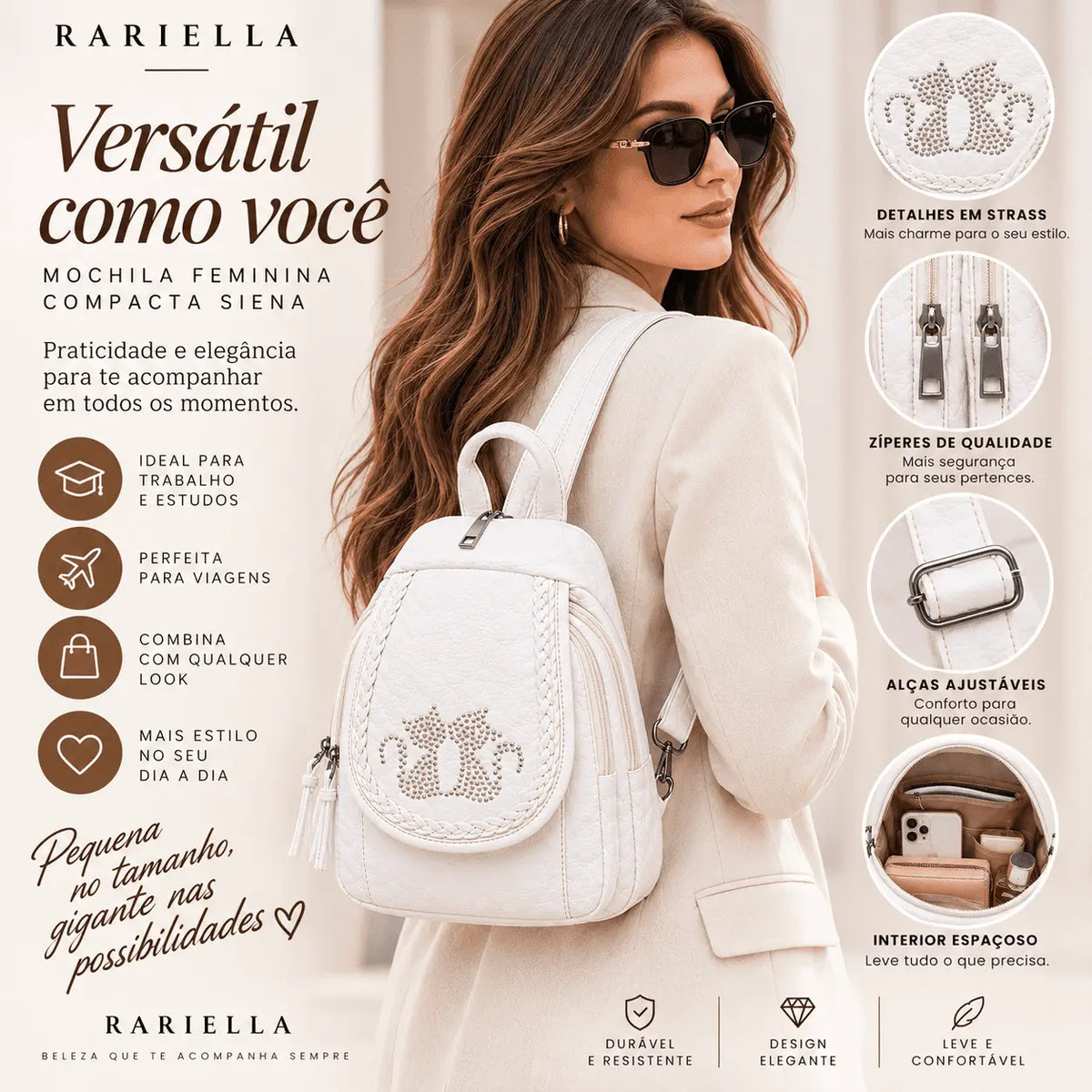Mochila Branca Feminina Compacta Siena com design moderno e detalhes funcionais