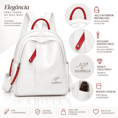 Mochila Feminina Branca Évora com detalhes do design, bolsos e acabamento