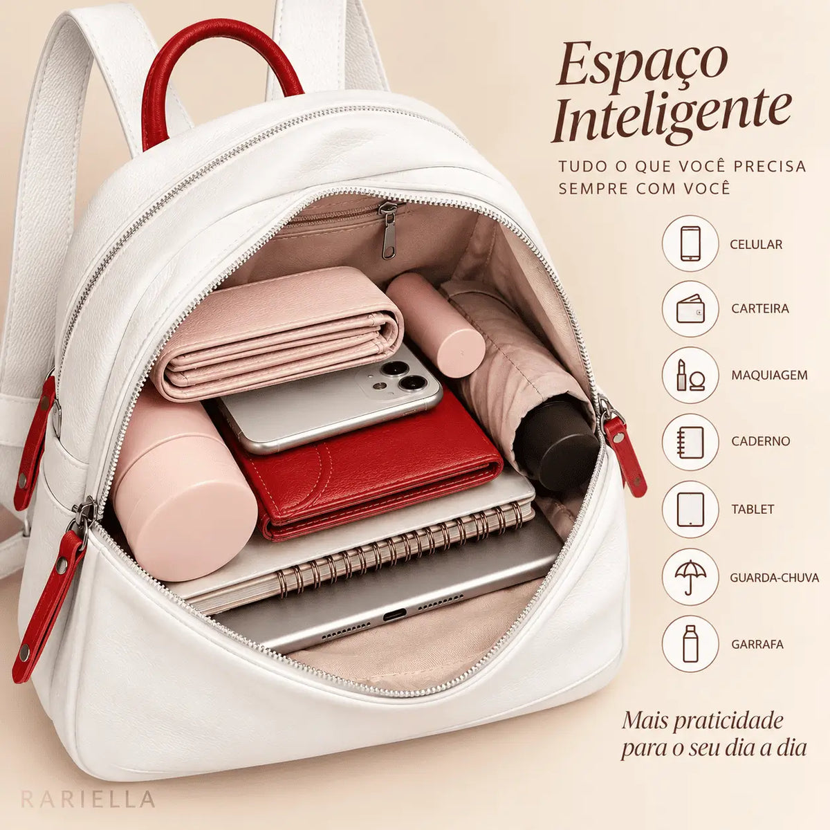 nterior da Mochila Feminina Branca Évora com espaço para organizar objetos pessoais