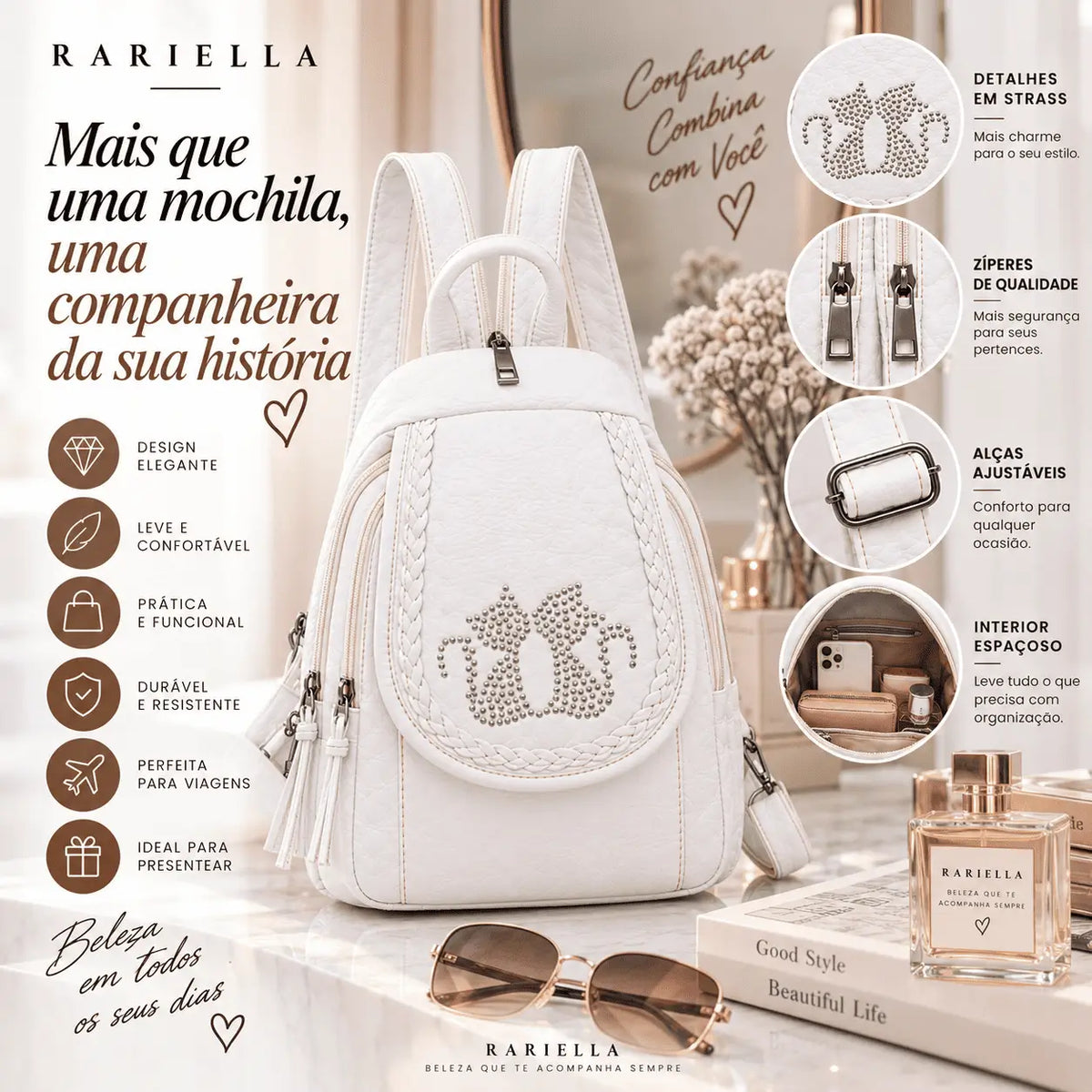 Mochila Feminina Branca Compacta Siena com compartimentos para organizar objetos pessoais