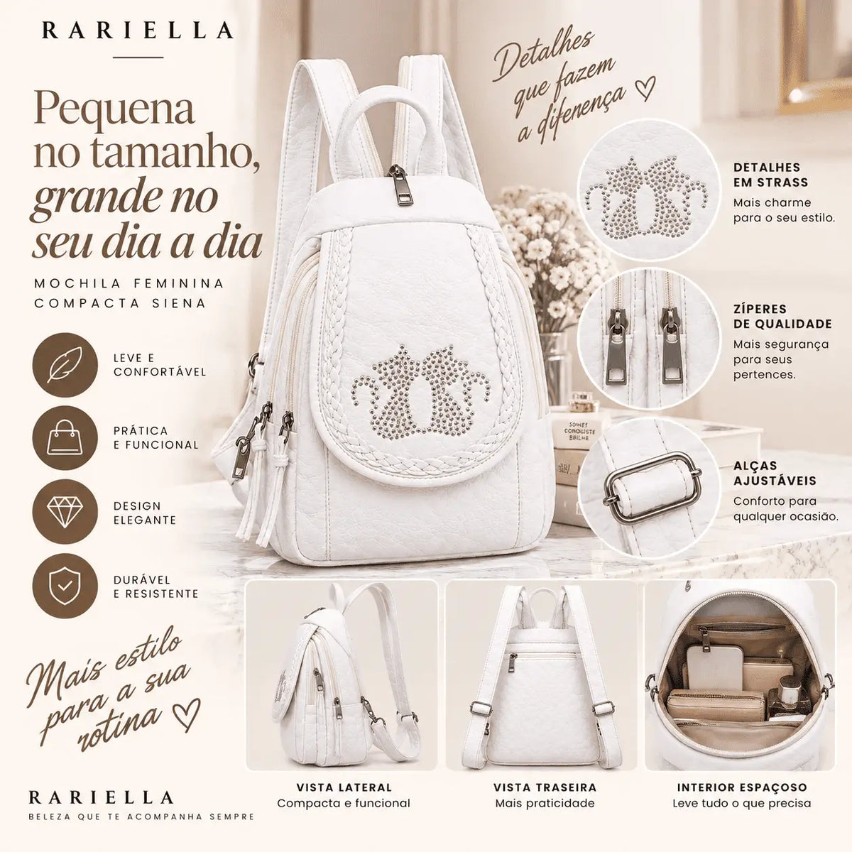 Detalhes da Mochila Feminina Branca Siena com bolsos, zíperes e acabamento elegante