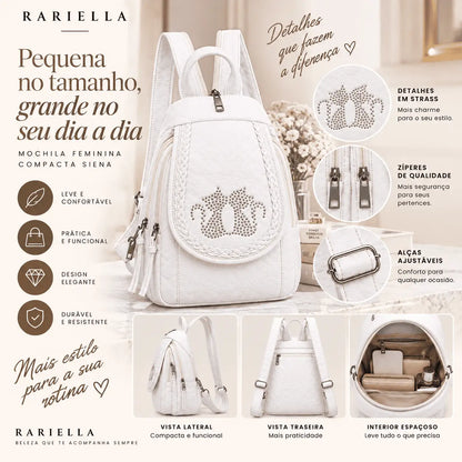 Detalhes da Mochila Feminina Branca Siena com bolsos, zíperes e acabamento elegante