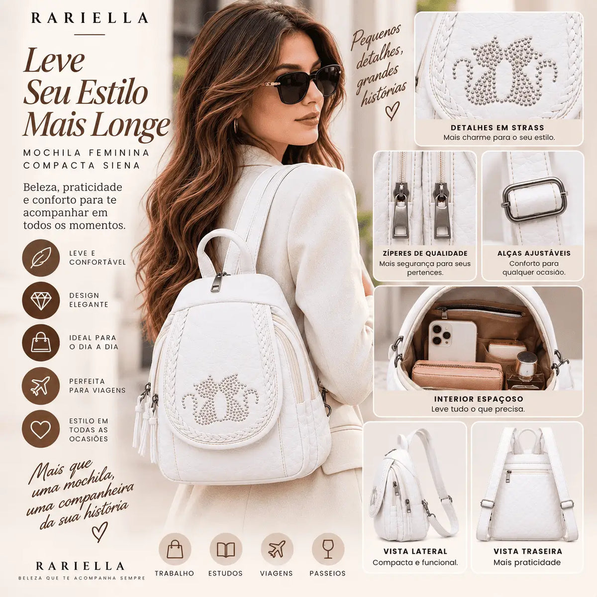 Interior da Mochila Feminina Branca Compacta Siena com espaço para organizar itens pessoais