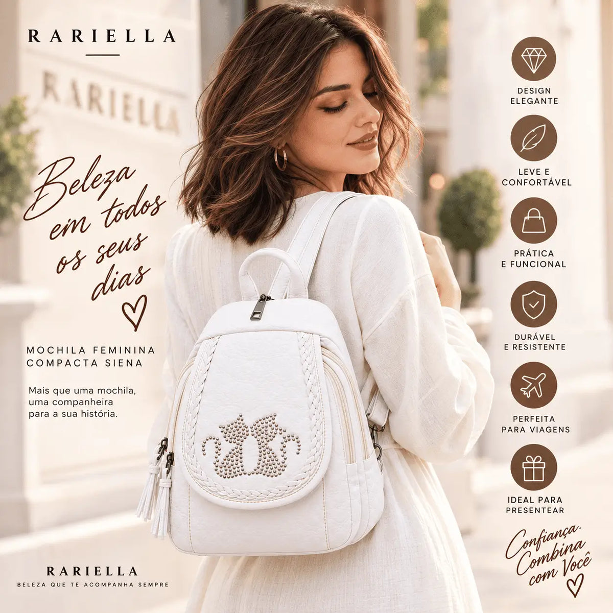Mulher usando Mochila Feminina Branca Compacta Siena em produção casual sofisticada