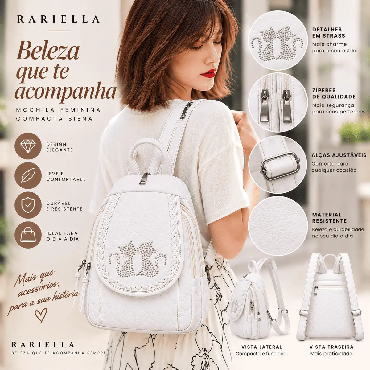Mulher usando Mochila Feminina Branca Compacta Siena em look casual elegante