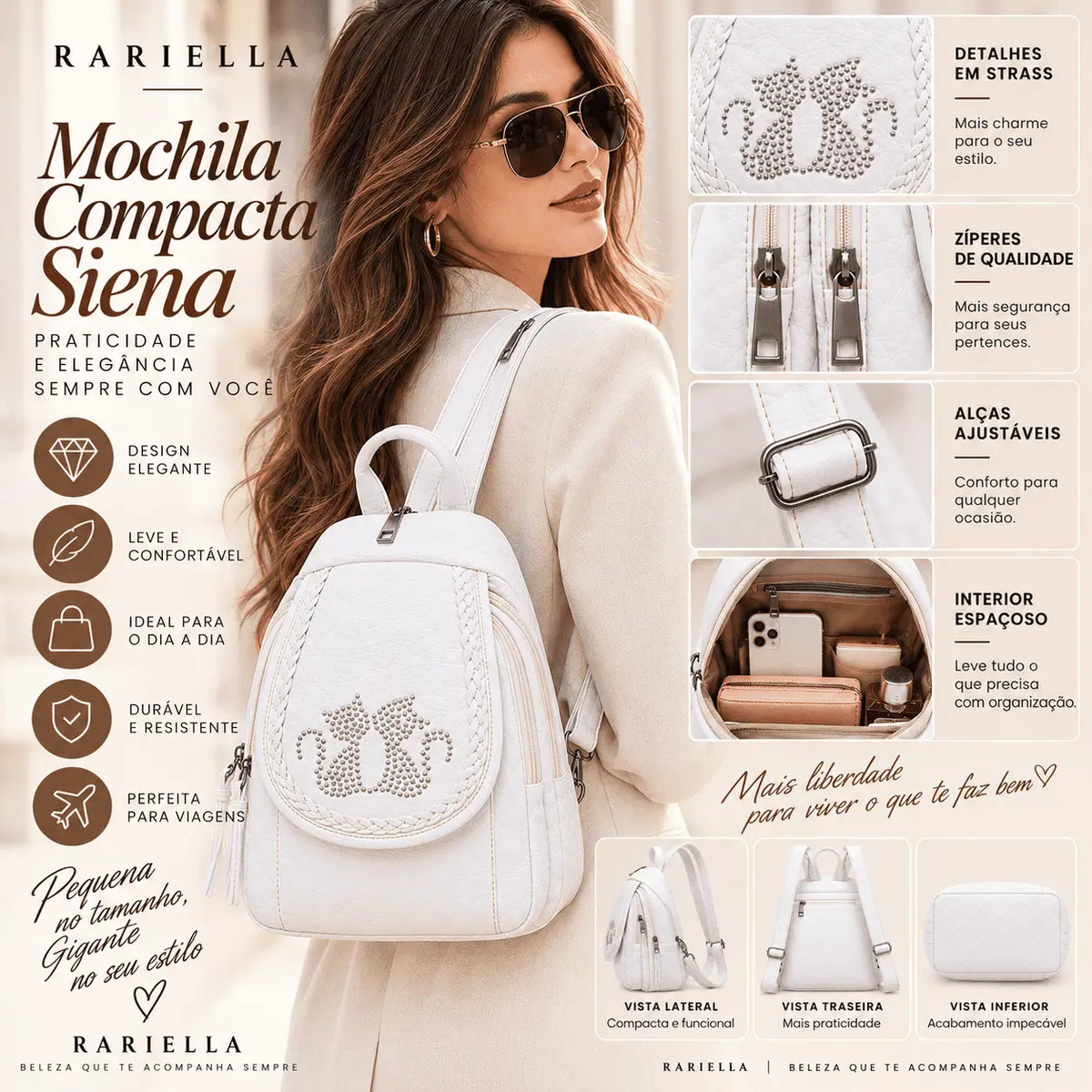 Mulher usando Mochila Feminina Branca Siena como acessório prático para o dia a dia