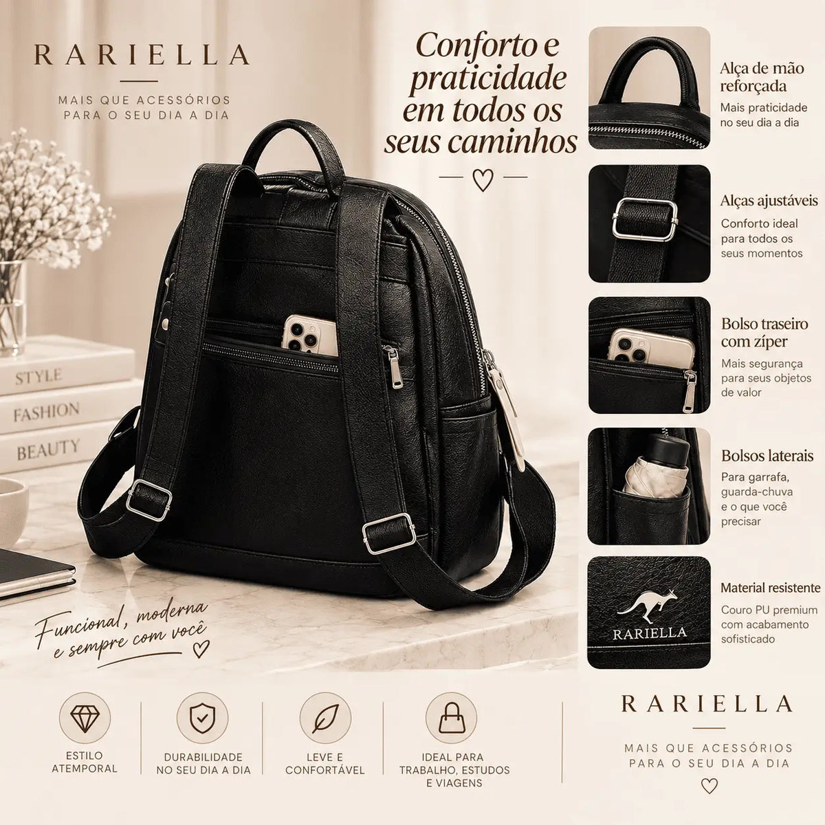 Vista traseira da Mochila Feminina Preta Évora com alças ajustáveis