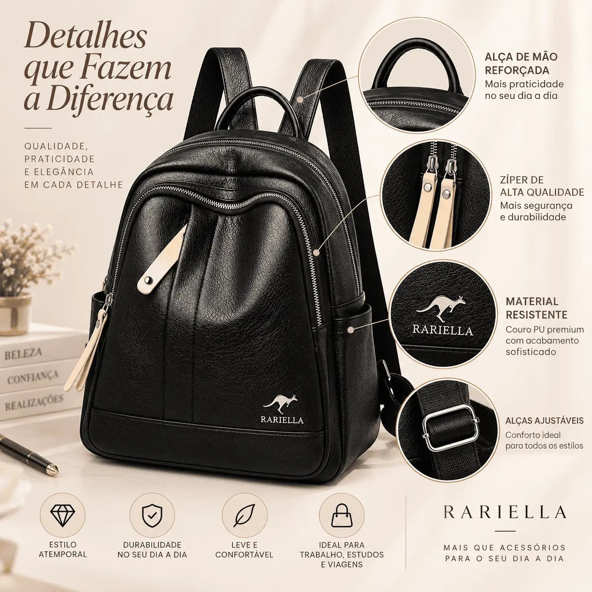Mochila Feminina Preta Évora com bolsos e compartimentos para organização