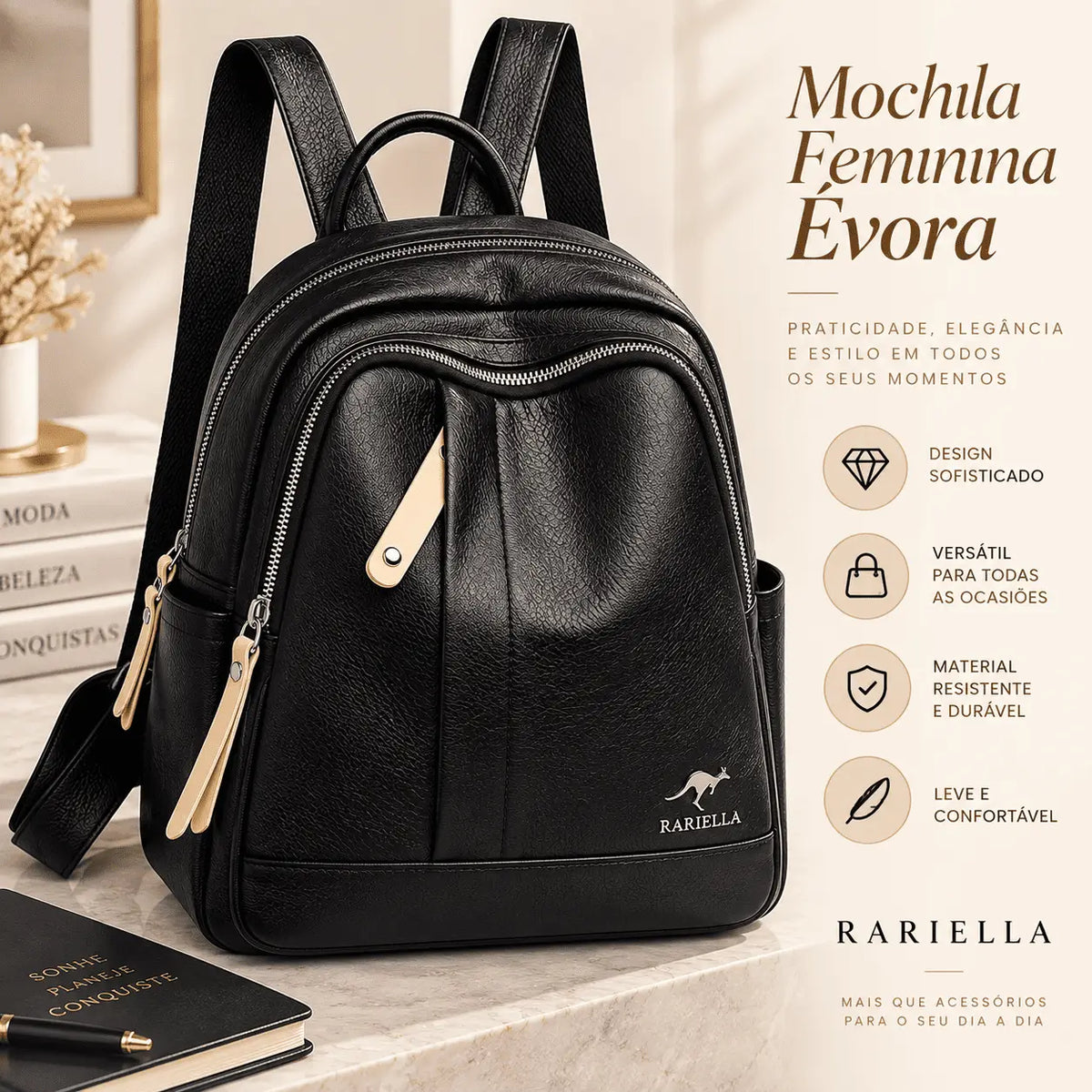 Mochila Feminina Preta Évora com detalhes do design, bolsos e acabamento