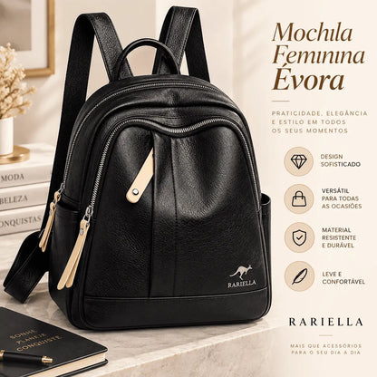 Mochila Feminina Preta Évora com detalhes do design, bolsos e acabamento