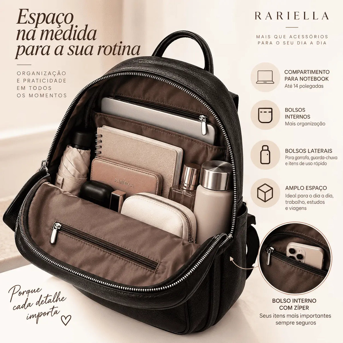 Interior espaçoso da Mochila Feminina Preta Évora com compartimentos para objetos pessoais