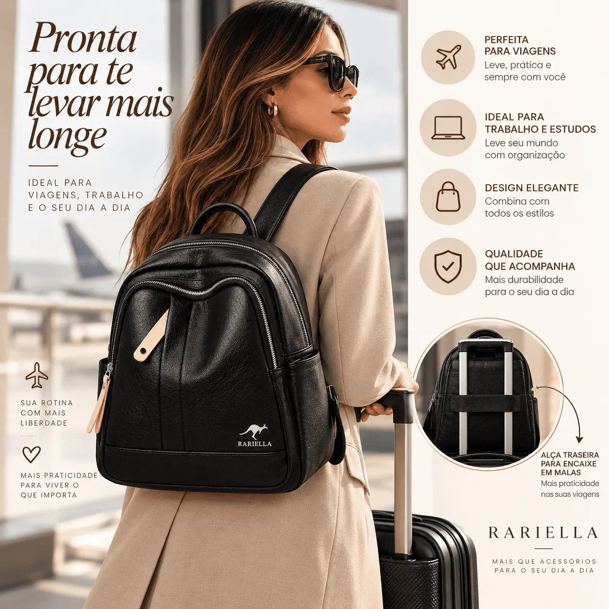 Mochila Preta Feminina Évora usada no dia a dia com visual elegante e moderno