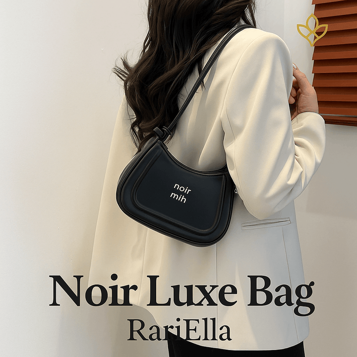 Bolsa feminina preta Noir Luxe Bag RariElla no ombro, design minimalista em couro premium, estilo elegante e sofisticado para uso diário