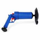 Pistola desentupidora de alta pressão Power Dreno azul com ventosa para desentupir vaso sanitário, pia e ralos, produto em fundo branco.