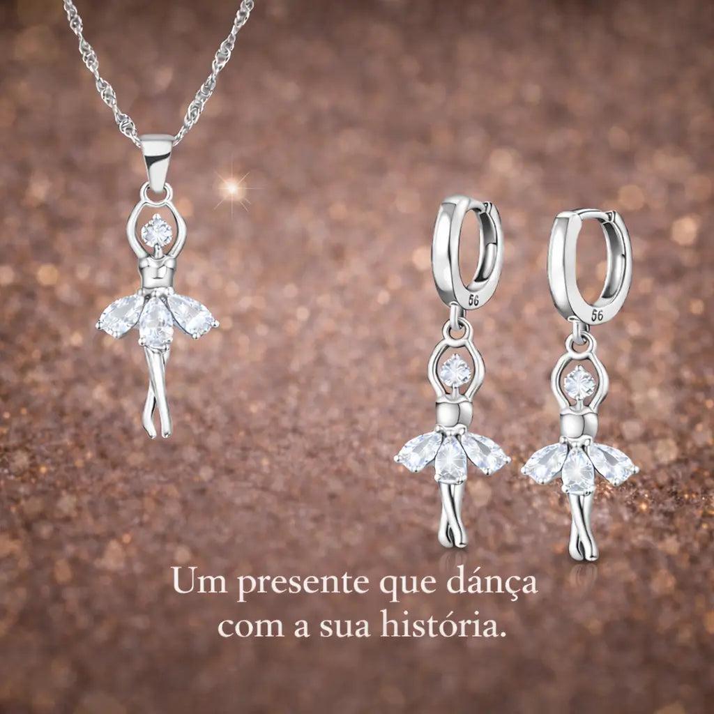 Conjunto Ballet Lumière em Prata 925 com zircônia cúbica, joia feminina delicada ideal para presente especial e momentos marcantes.