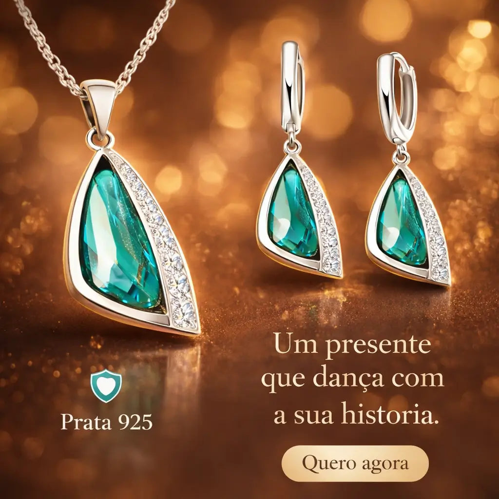 Conjunto Esmeralda Lumière em Prata 925 com zircônia cúbica verde, joia feminina ideal para presente especial e momentos marcantes.