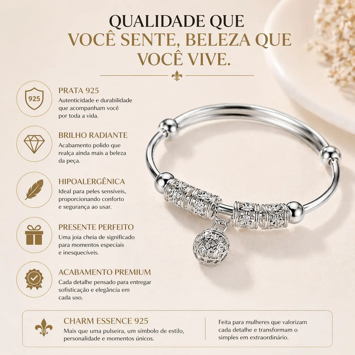 Pulseira Charm Essence em prata 925 com benefícios hipoalergênica resistente e acabamento premium