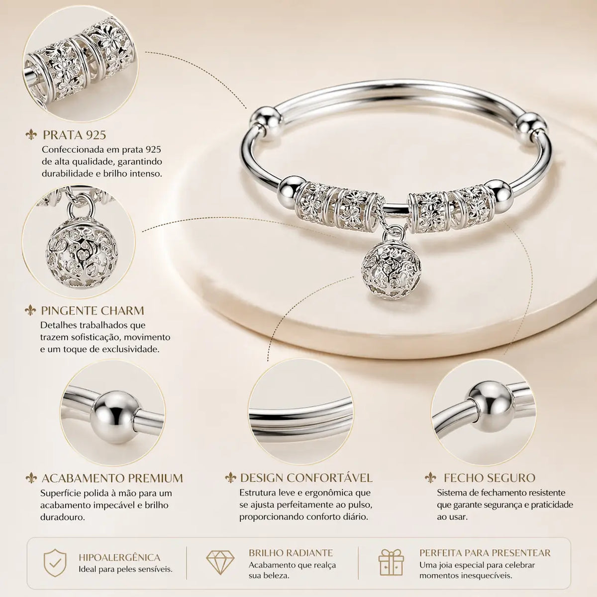 Detalhes da pulseira Charm Essence em prata 925 com pingente trabalhado e brilho intenso