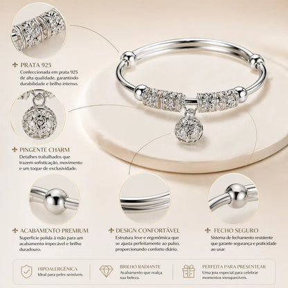 Detalhes da pulseira Charm Essence em prata 925 com pingente trabalhado e brilho intenso