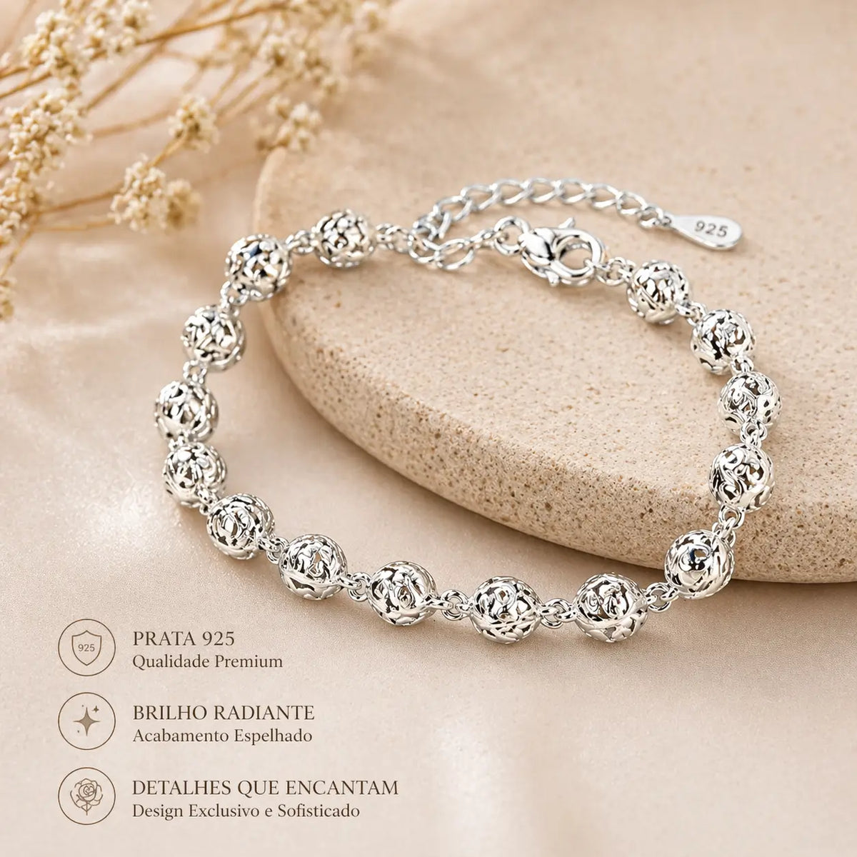 Detalhes da pulseira Lumière Royale em prata 925 com brilho intenso e acabamento refinado